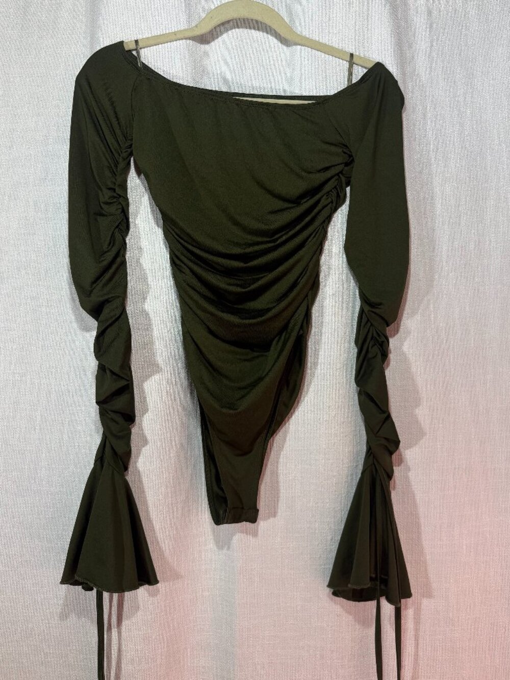 Shein Long Sleeve Bodysuit - Womens S - Olive Green Ruched Off the Shoulder